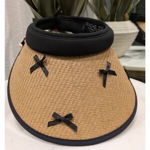 Rachel Zoe  Black Ribbon Bow Visor Tan Straw Sun Hat RN137624 OS